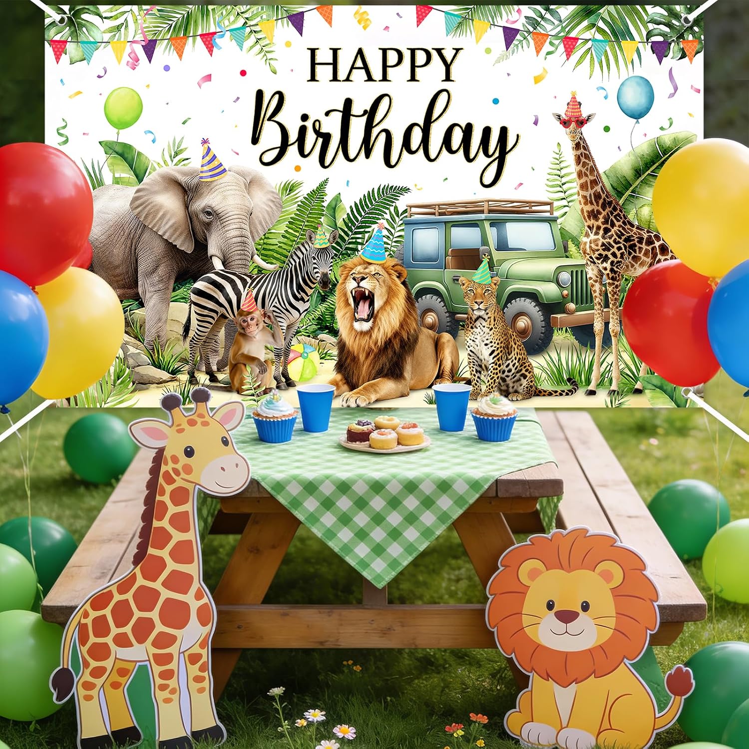 Avezano Safari Animal Birthday Party Decorations Jungle Party Animal Birthday Banner Backdrop 6 x 3.6 ft Jungle Kids Wild Zoo Party Supplies
