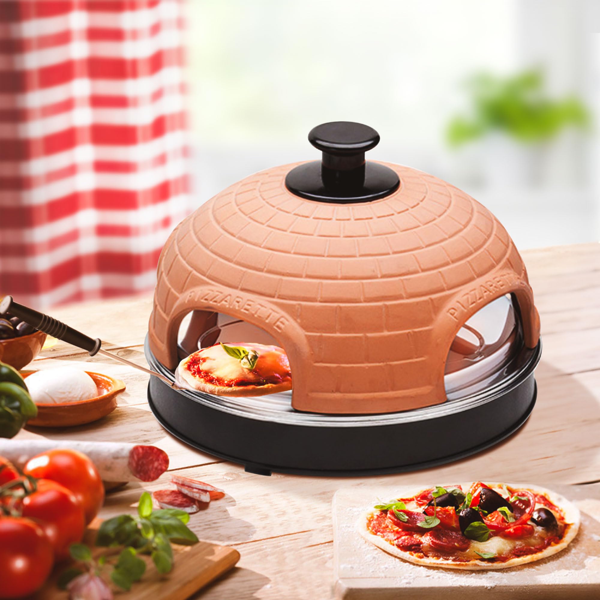 Monsterzeug Elektryczny mini piec do pizzy, piec do raclette, przenośny piec kamienny do domu, z patelniami do pizzy z uchwytami izolowanymi termicznie
