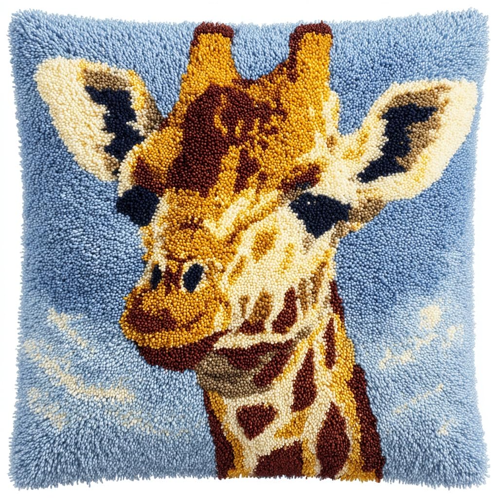 Henypt DIY Latch Hook Kits, Animal Giraffe Needlework Pillow Cover 43cmX43cm DIY Hooks Knitted Embroidered Carpet Pillow Embroidery Latch Hook Carpet Kit