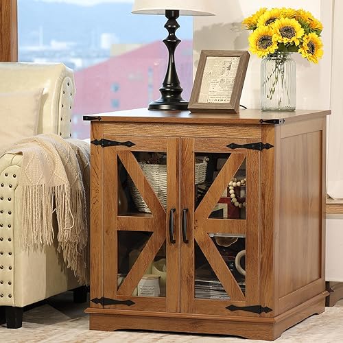 Mesa auxiliar de granja, mesas auxiliares grandes de 24 pulgadas con almacenamiento, sofá cuadrado rústico con puerta de granero de cristal, mesa