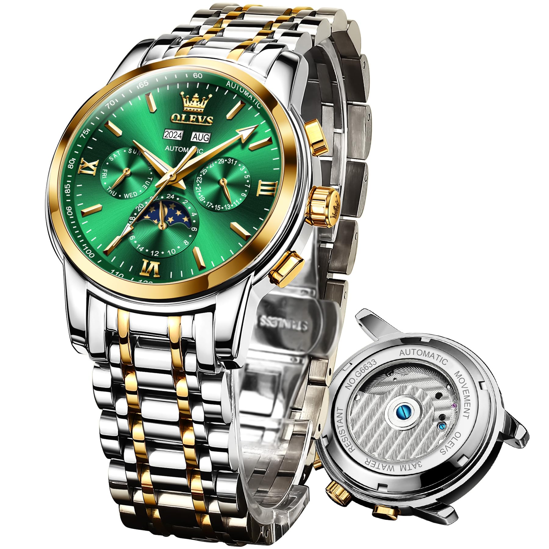 OLEVS Automatic Watches for Men, Big Face Stainless Steel Men Dress Watch, Self Winding Waterproof Men Tourbillon Skeleton Watch, Luminous Day and Date Men Mechanical Watches