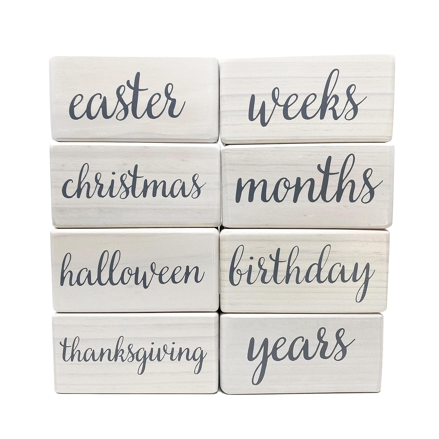 Pondering Pine Baby Milestone Blocks - Natural White Stain Pine Wood with Weeks Months Years Grade and Holidays, Newborn Weekly Monthly First Year Picture Props, 6 Block Milestones Age Set with Bag