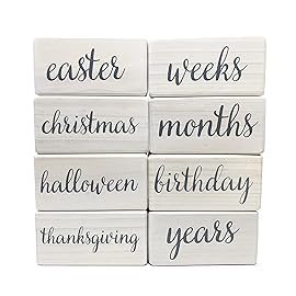 Pondering Pine Baby Milestone Blocks - Natural White Stain Pine Wood with Weeks Months Years Grade and Holidays, Newborn Weekly Monthly First Year Picture Props, 6 Block Milestones Age Set with Bag