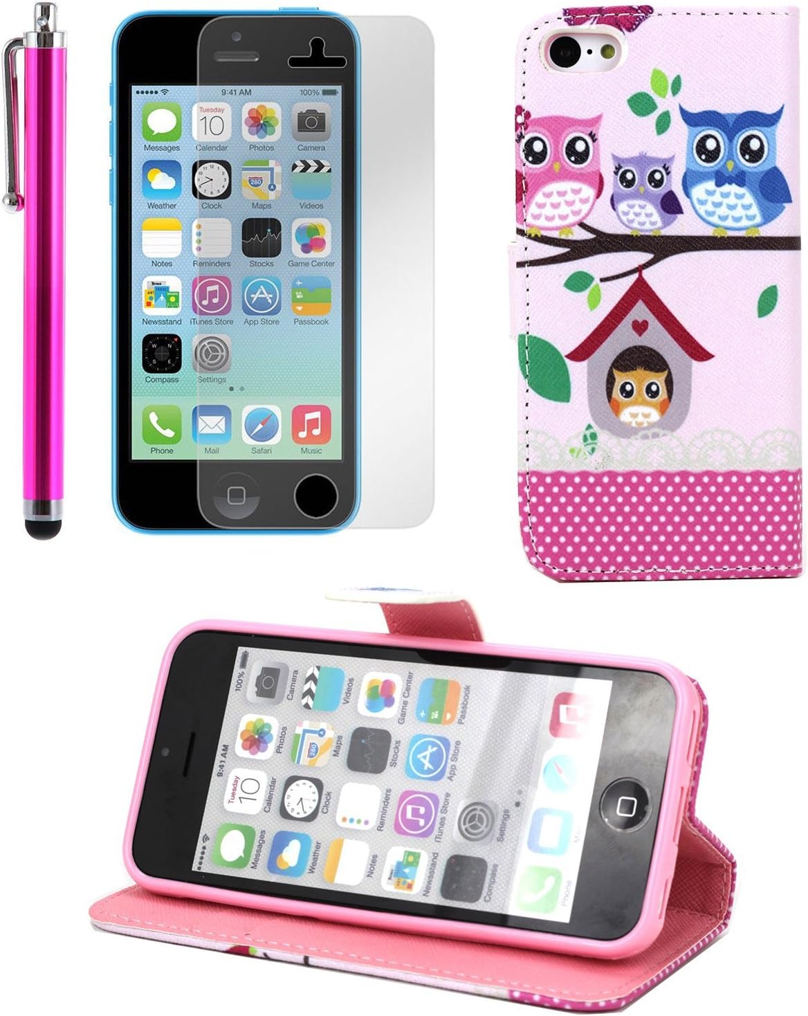 TheLovelyBird PU Leather Folio Stand Wallet Case Cover for iPhone 5C + Stylus Pen + Screen Protector in Retail Packaging (Owl)