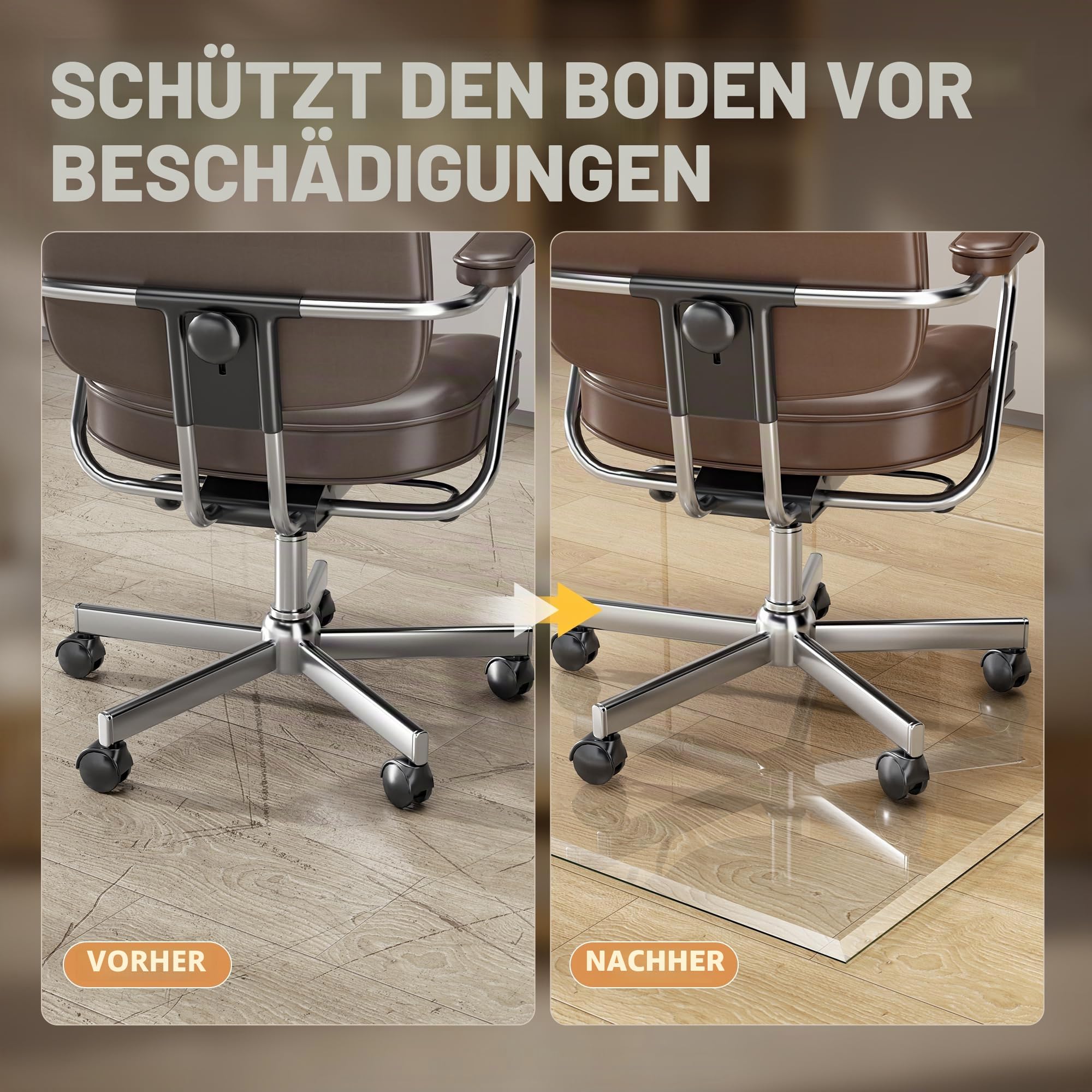 Hasipu Bürostuhlunterlage aus gehärtetem Glas 127x112cm, Transparenter Bodenschutzmatte mit Schrägkanten, Robuste Stuhlmatte für Teppich & Hartböden, Kratzfest & Anti-Rutsch