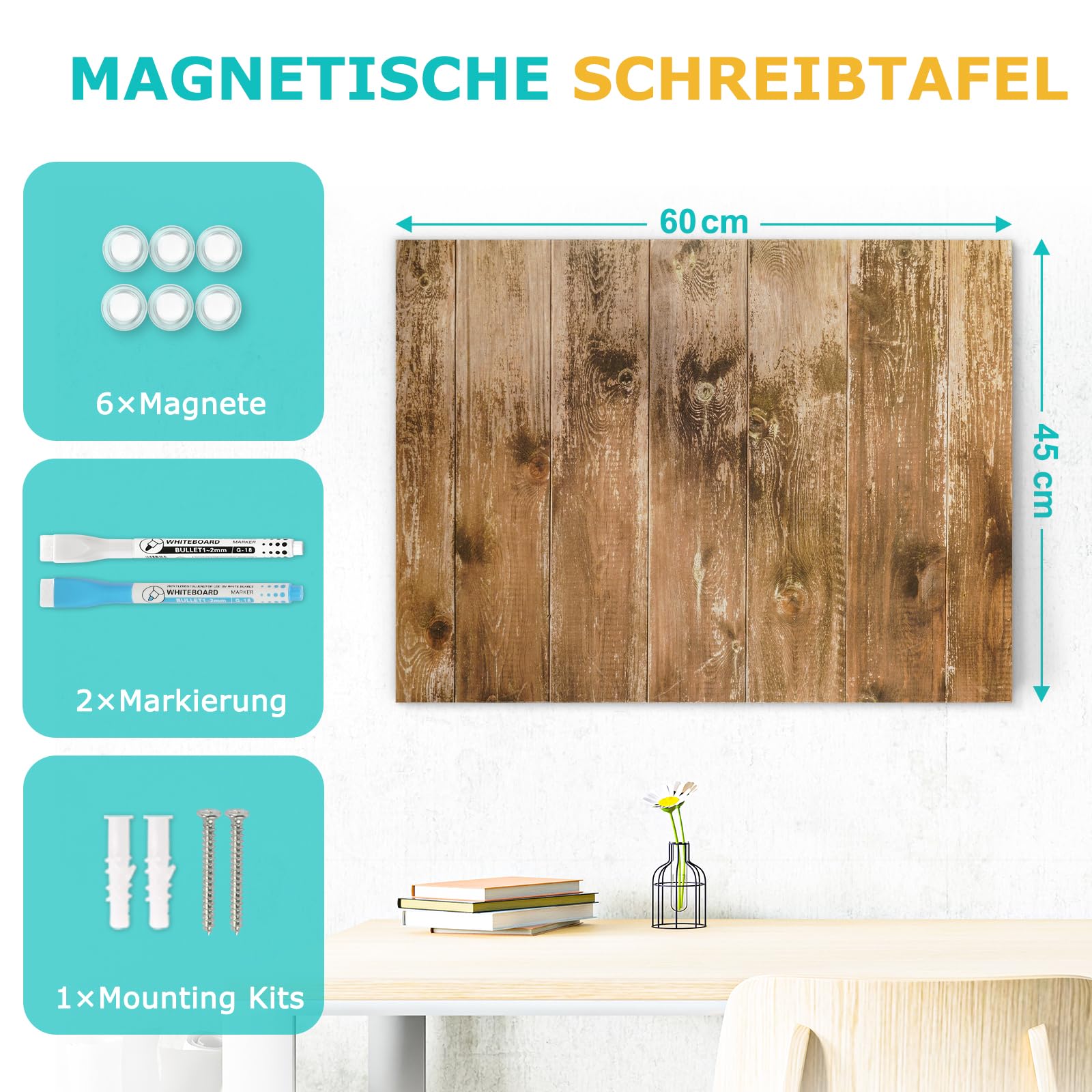 DOLLAR BOSS Tableau blanc magnétique 45x60 cm, tableau mural decoratif | tableau pour magnet, avec 6 aimants 2 stylos, essuyer avec un chiffon humide, planches en bois marron