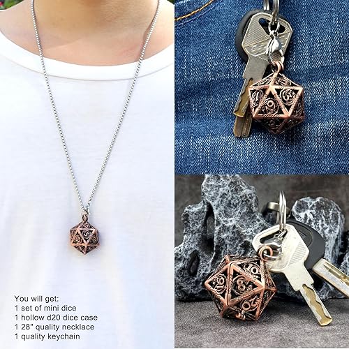 Miniatura 6 de Haxtec Juego de dados pequeños de metal DND con cobre hueco D20, collar D20, juego de dados pequeños antiguos, llavero D&D, portátil, 7 piezas