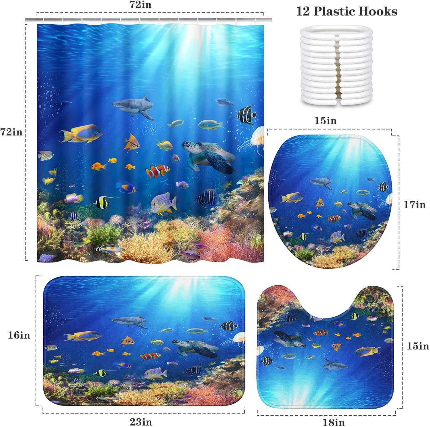 Britimes 4 Piece Shower Curtain Sets, with 12 Hooks, Nature Ocean Sea Turtle and Fish with Non-Slip Rugs, Toilet Lid Cover and Bath Mat for Bathroom Decor Set, 72" x 72"