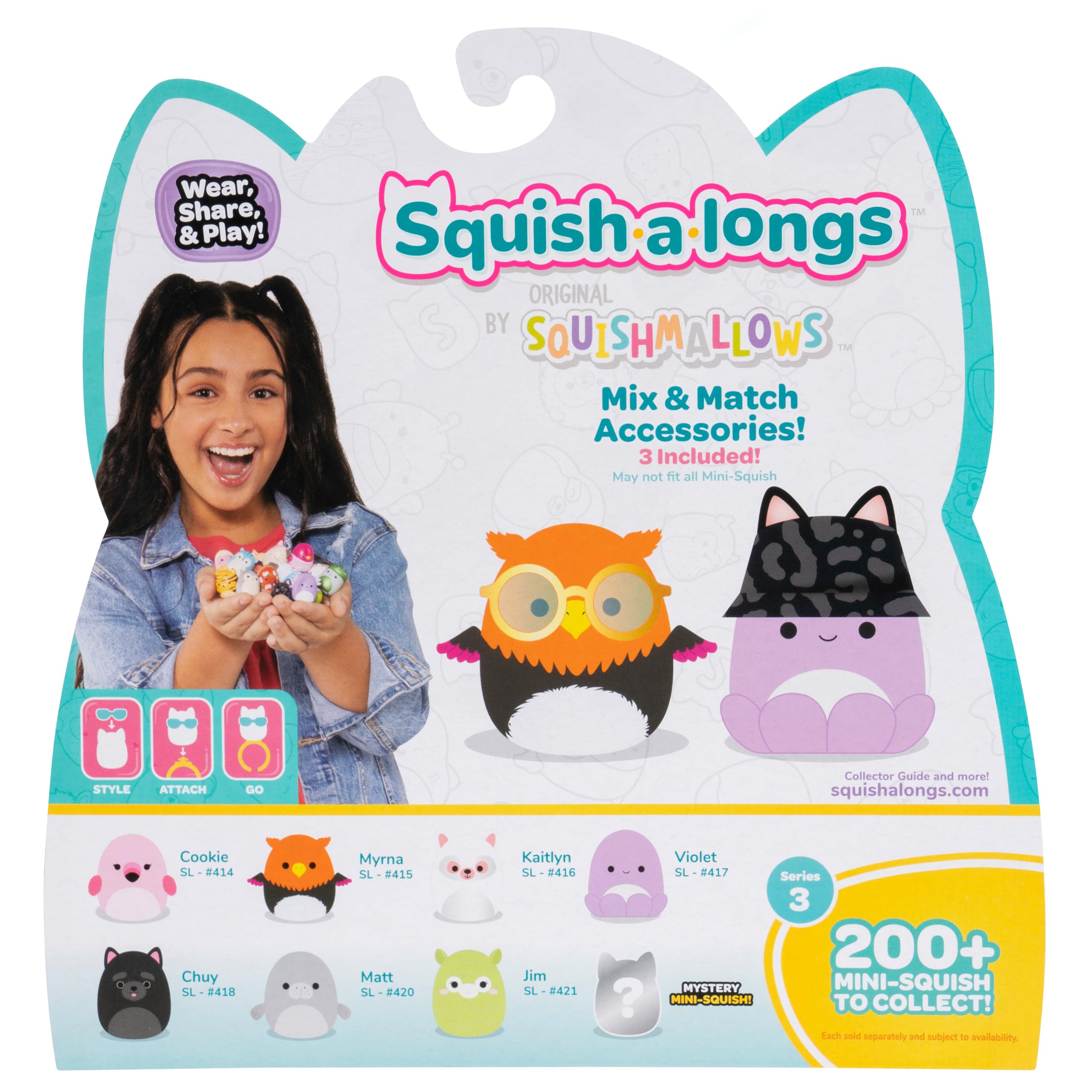Squish-a-longs Mini-Squish 8-pak (Fala 3, styl 3) - różowy flaming, gryf, ośmiornica, lemur, cairn terrier, zielona lama, manat i tajemniczy mini-squish