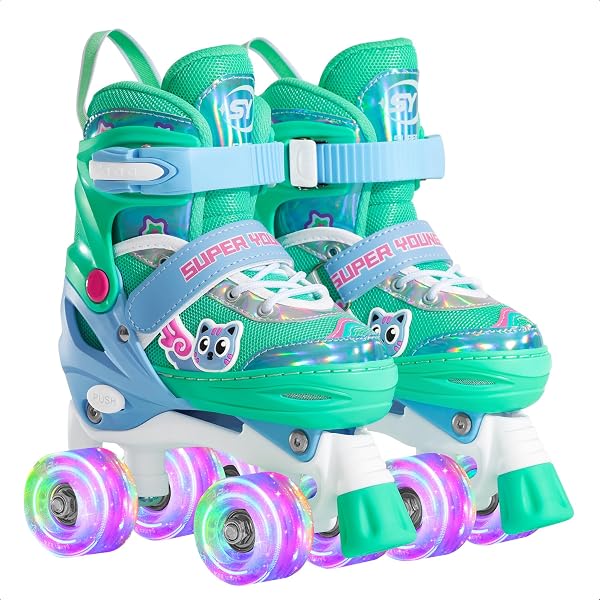 SUPER YOUNGSTER Adjustable Light Up Kids Unicorn Roller Skates for Girls Ages 4-6 5-8 8-12, Toddlers Beginner Cat Roller