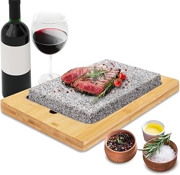 NutriChef Sizzle Hot Cooking Stone Grill with Bamboo Platter, Tabletop Granite Stone Grill with Non-Slip Handles, Adjustable Temperature Control, 550 F Max Heat - Perfect for Meats and Vegetables