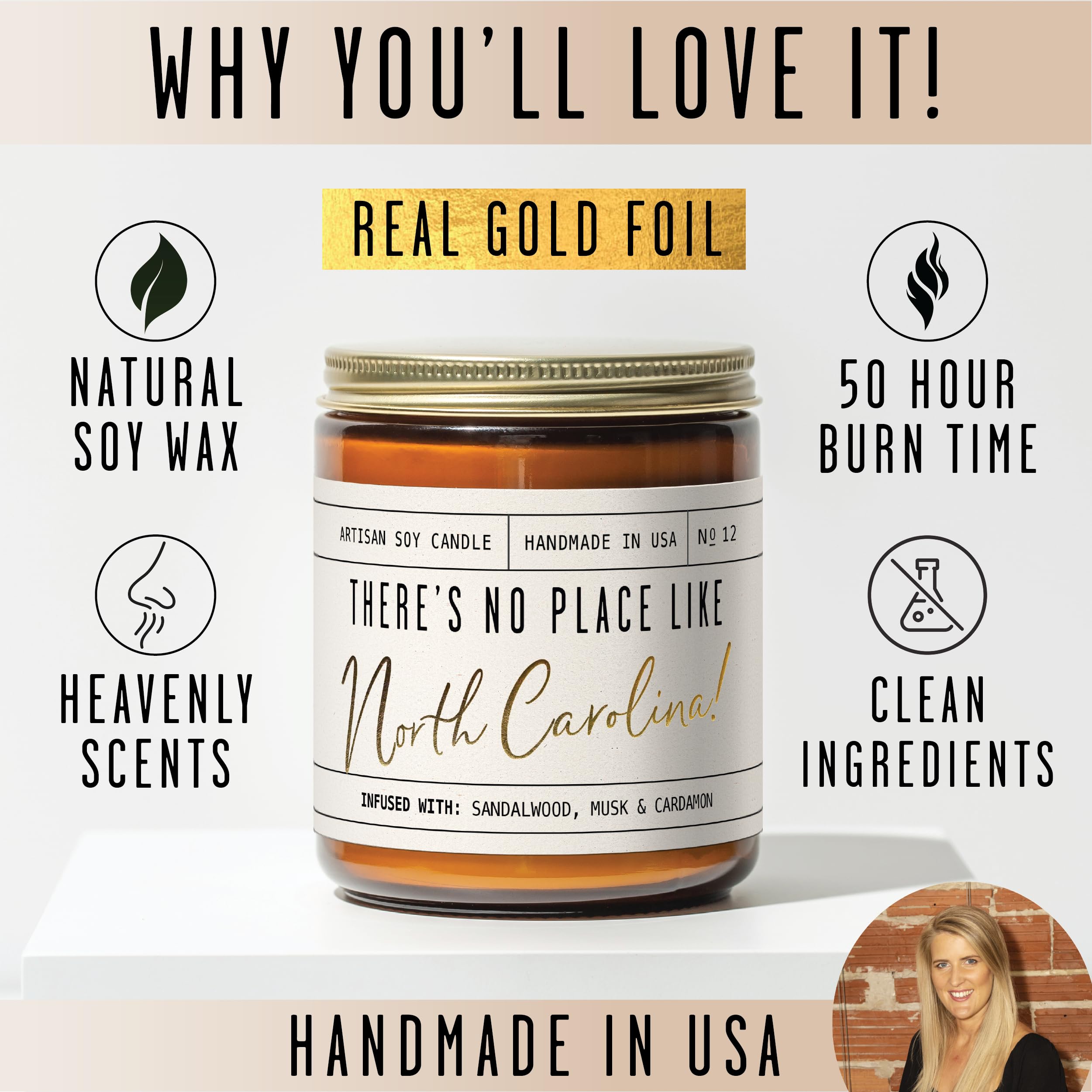 North Carolina Gifts, North Carolina Decor for Home - 'There's No Place Like North Carolina Candle, w/Sandalwood, Musk & Cardamon I North Carolina Souvenirs State Gifts I 9oz Jar, 50Hr Burn, USA Made
