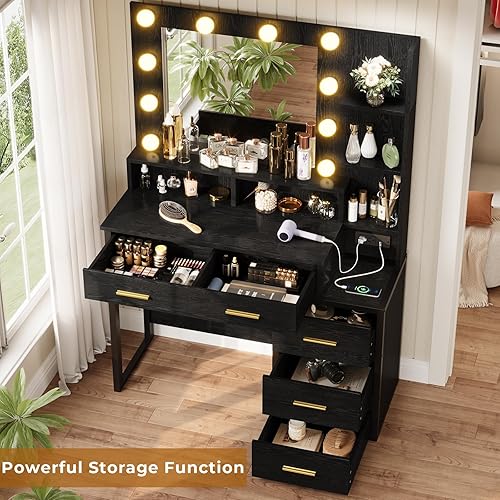 Miniatura 5 de Tiptiper Tocador de maquillaje con luces, escritorio negro con espejo y 3 modos de iluminación, mesa de tocador con puertos USB y tomacorrientes,