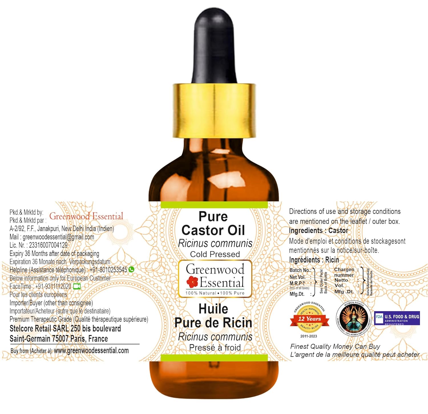 Greenwood Essential Pure Castor Oil (Ricinus communis) with Glass Dropper Cold Pressed 100ml (3.38 oz)