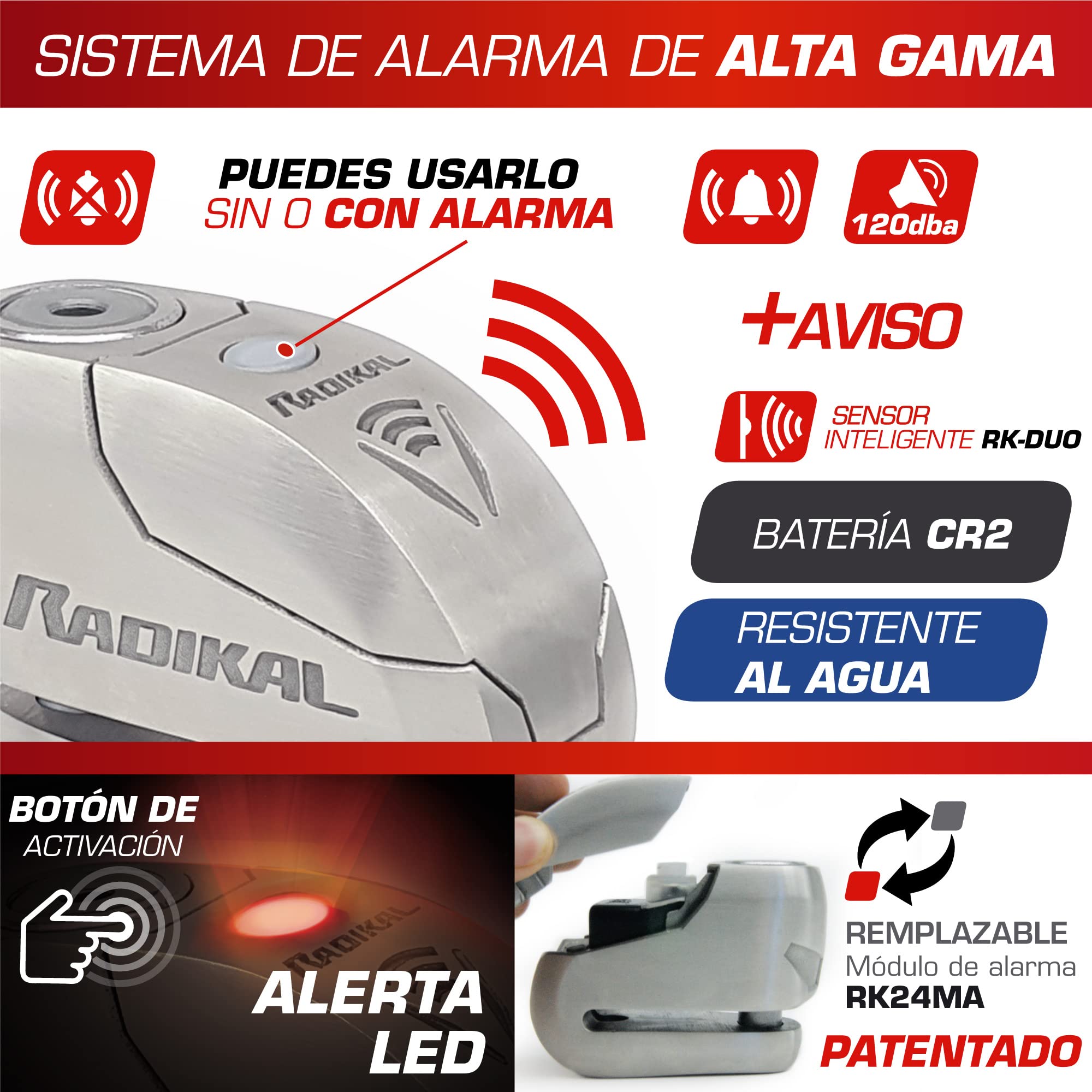 RADIKAL RK14S Candado Moto Disco Premium con Alarma | Activación Opcional, 120dB, Alerta LED, Warning Pre-alarma | Antirrobo Homologado SRA Alta Seguridad Pinza Cepo Acero Inoxidable Doble Cierre 14mm