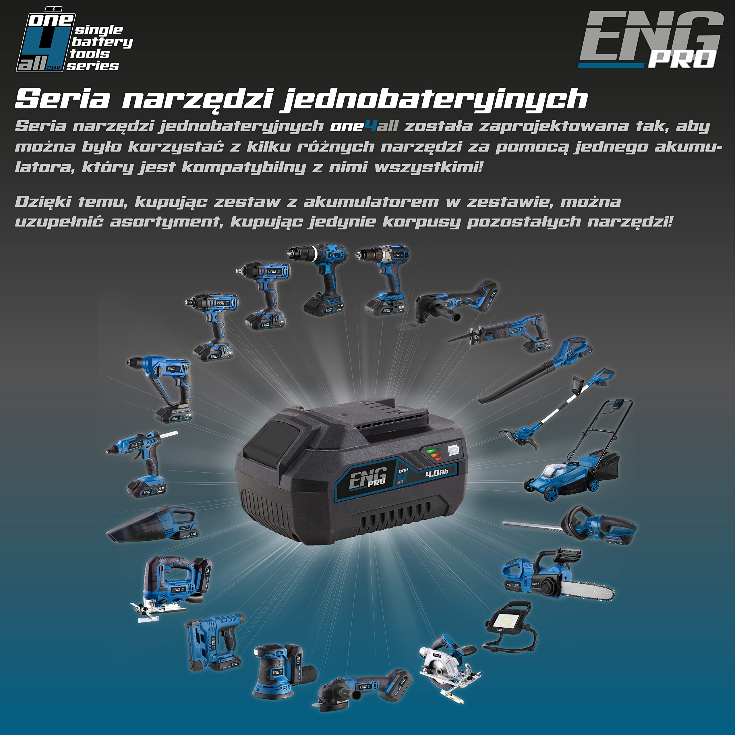 Zakrętarka udarowa akumulatorowa - Profesjonalna Linia Jednoakumulatorowa ONE4ALL - 1/4" 180 Nm 1 Prędkość 2800 obr/min + Torba Narzędzia + 1 bateria 2,0 Ah i ładowarka - ENG PRO