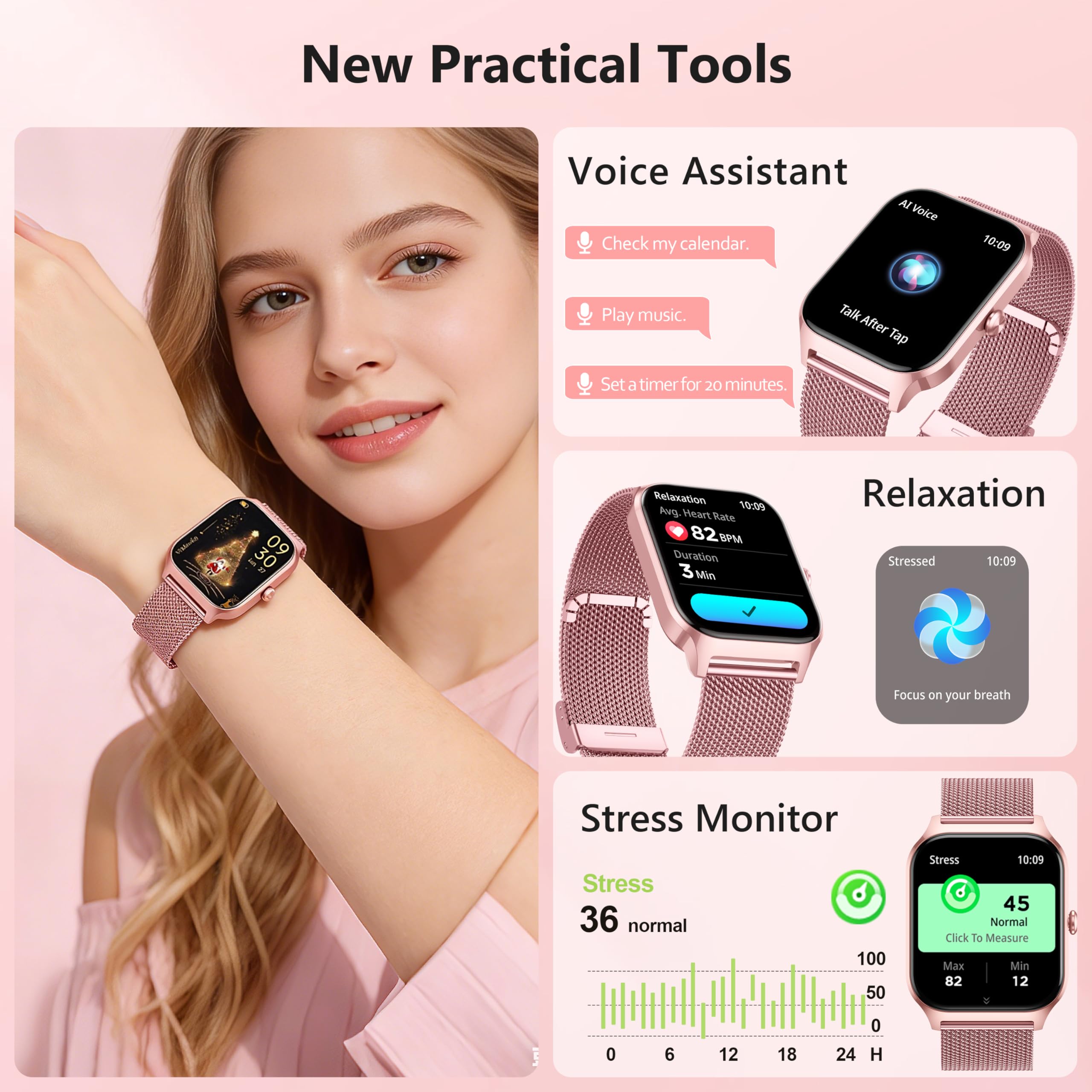 Smart Watch, 1.85’’ Smart Watches Women Men Make/Answer Call, Heart Rate/Blood Pressure/Sleep Monitor, 110+Sports Modes, Voice Control, Waterproof Fitness Watch Compatible for Android & iPhone