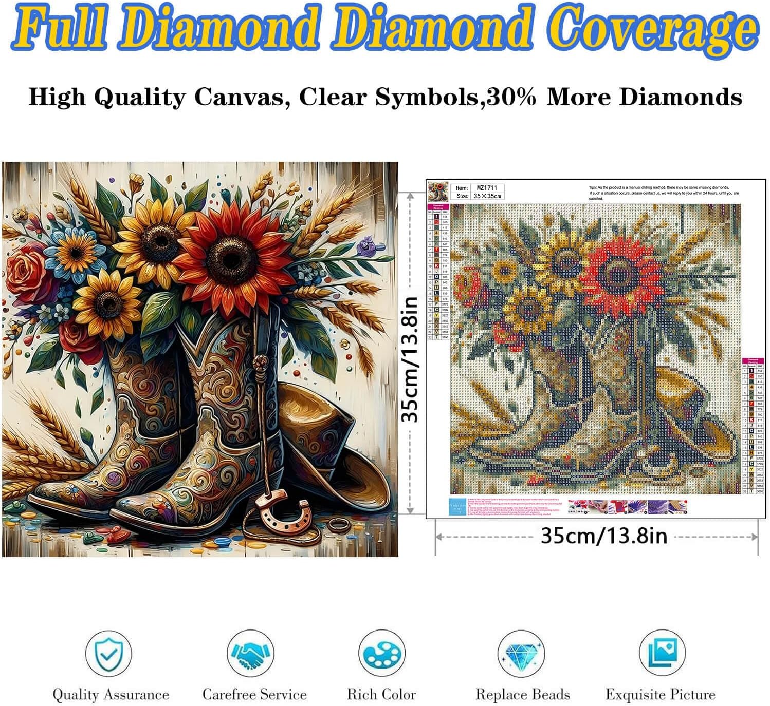 Western Diamond Art Kits for Adults, Full Drill Sunflower Diamond Painting Kits for Adults, DIY Round Paint By Diamonds for Home Decor Gifts 14x14 Inch
