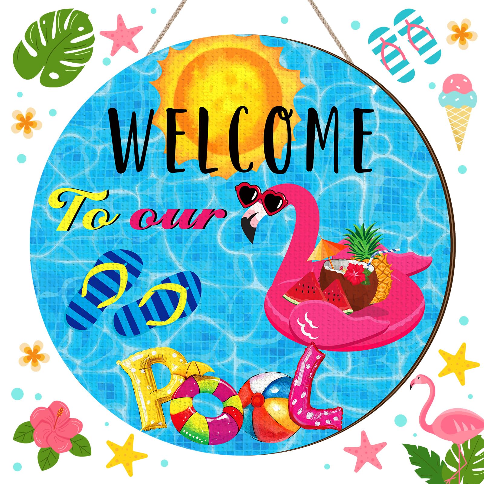 CroBlissful Summer Decorations for Home Front Door Welcome to Our Pool Summer Door Hanger Rustic Wooden Sign Hanger Flamingo Decoration Gifts for
