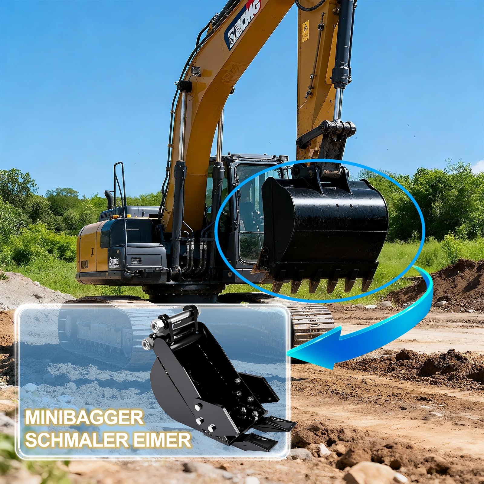Minibagger Löffel 20 cm– Passendes Anbaugerät für Minibagger von 0,8-1,8 Tonnen,Spannweite 90mm Loch, Durchmesser 25mm,Geeignet für Bodengraben, Landschaftsarbeiten