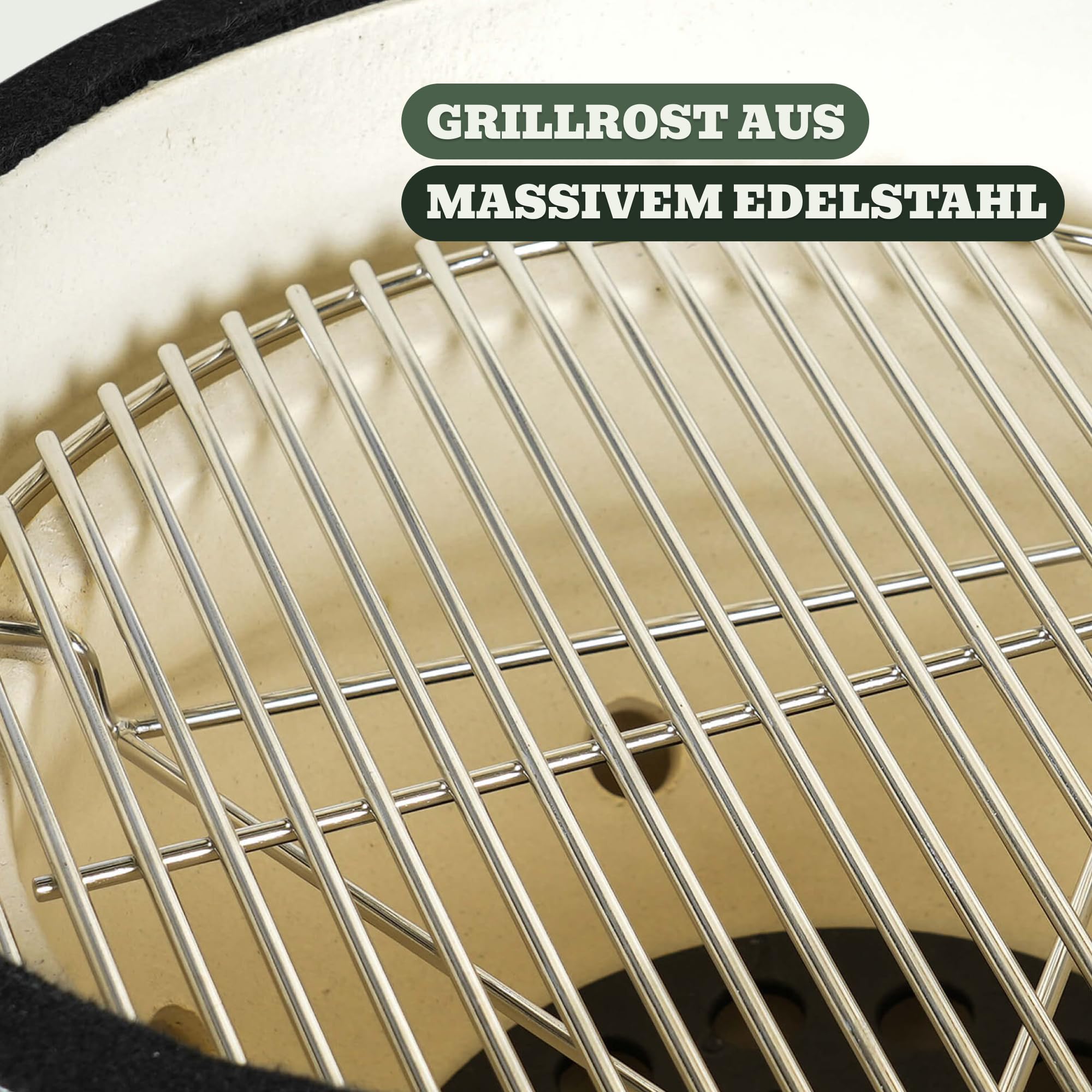 Kamado Forest Grill 16’’ M – Keramikgrill mit 2,8 cm starker Keramik, Edelstahl-Grillrost Ø 34 cm (4 mm), mobiler Edelstahlwagen mit 4 Rollen und geschütztem Kamin