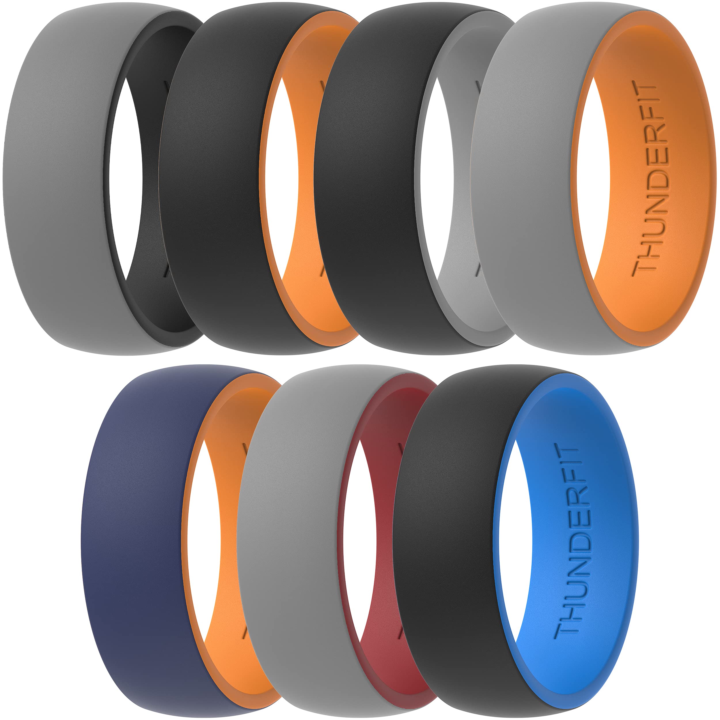 ThunderFit Silicone Wedding Rings for Men, 2 Layers Round Rubber Engagement Bands 8.7mm Wide 2mm Thick - 1/4/7/10 Variety Multipack