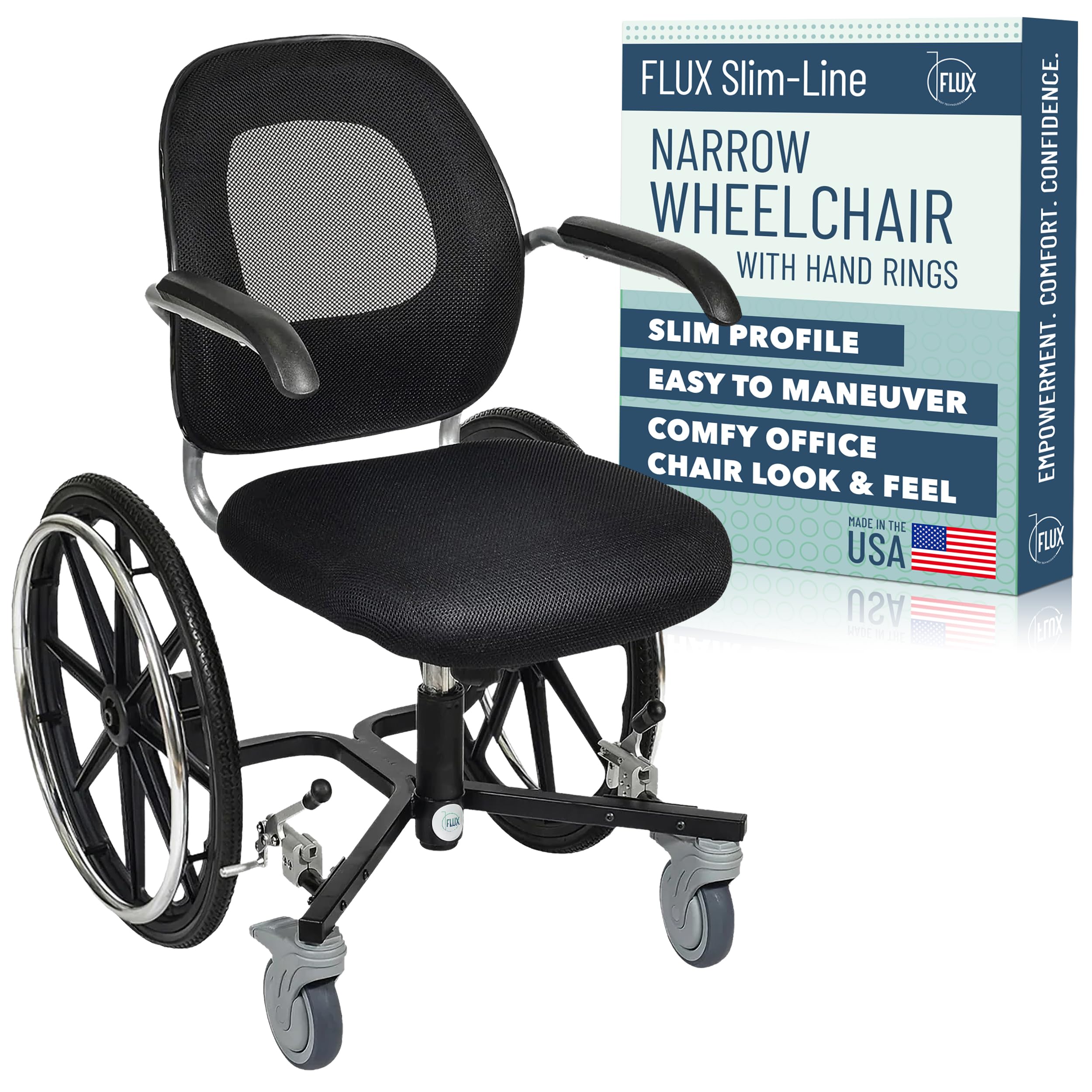 FLUX Slim-Line Narrow Wheelchair for Adults and Seniors, Small Spaces, Lightweight, Reclining, 23.5" Total Width, 250 lbs Weight Capacity, 18"-21" Seat Height Adjustable, with Hand Rings