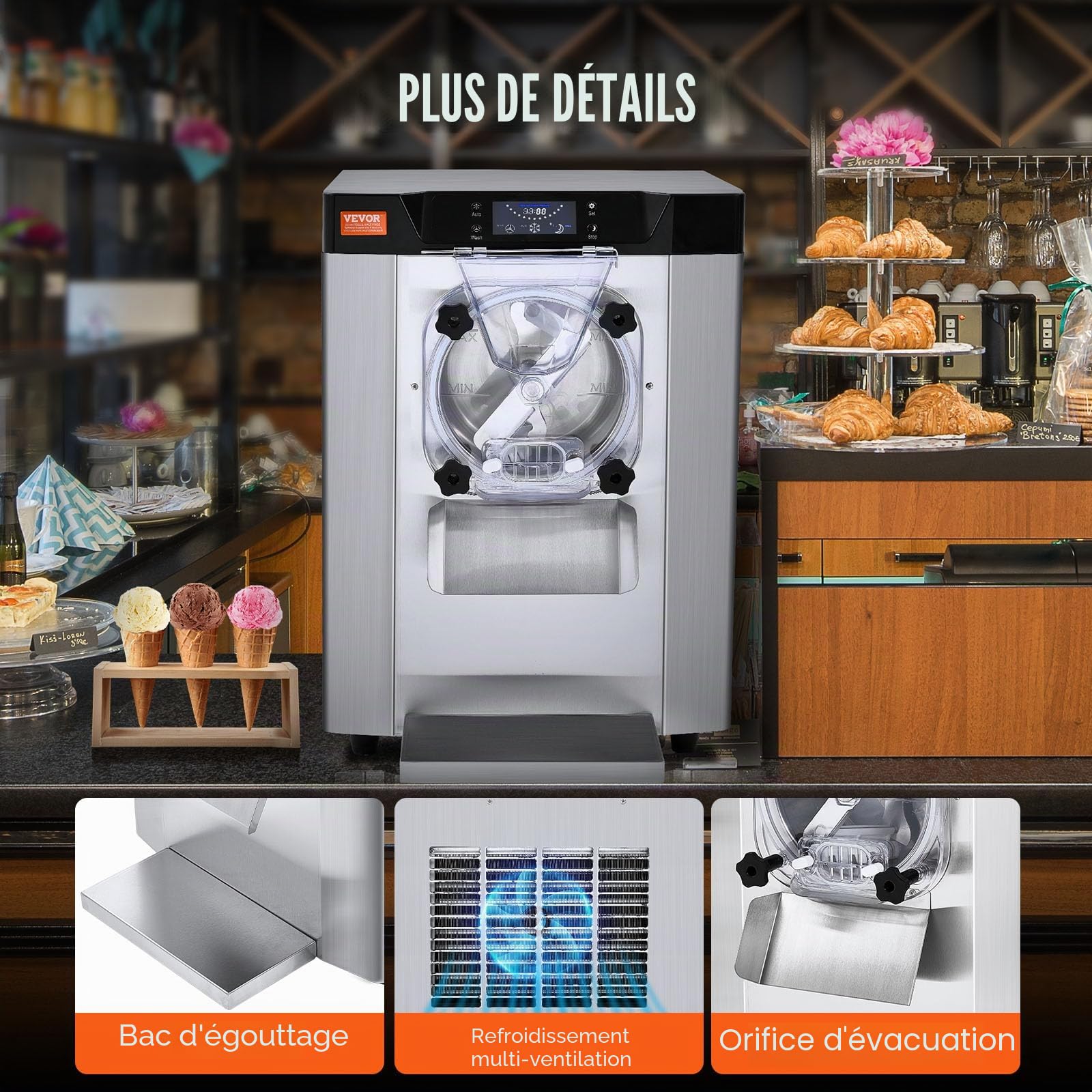 VEVOR Sorbetière Commerciale Rendement 12 L/h, Turbine à Glace 1295 W Saveur Unique, Machine à Glace Électrique Cylindre en Inox de 4,5 L, Pré-refroidissement Automatique, Panneau LED, pour Snack-bars
