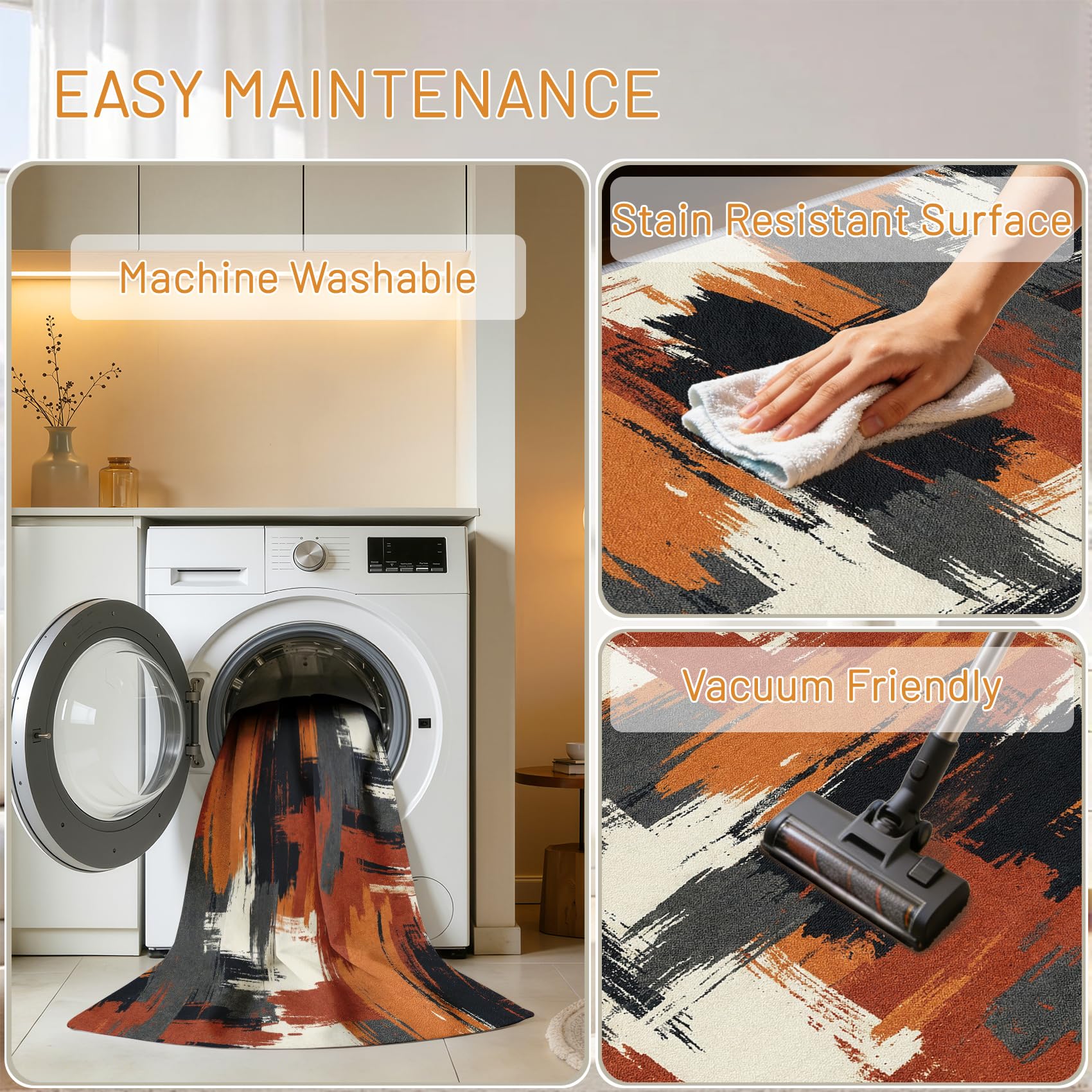 Teppich Terrakotta Abstrakt - Teppiche Wohnzimmer Schlafzimmer Beige Orange, Großer Teppich Vintage Graffiti, Weich Kurzflor & Waschbar & rutschfest Wohnzimmerteppich 200x300 cm