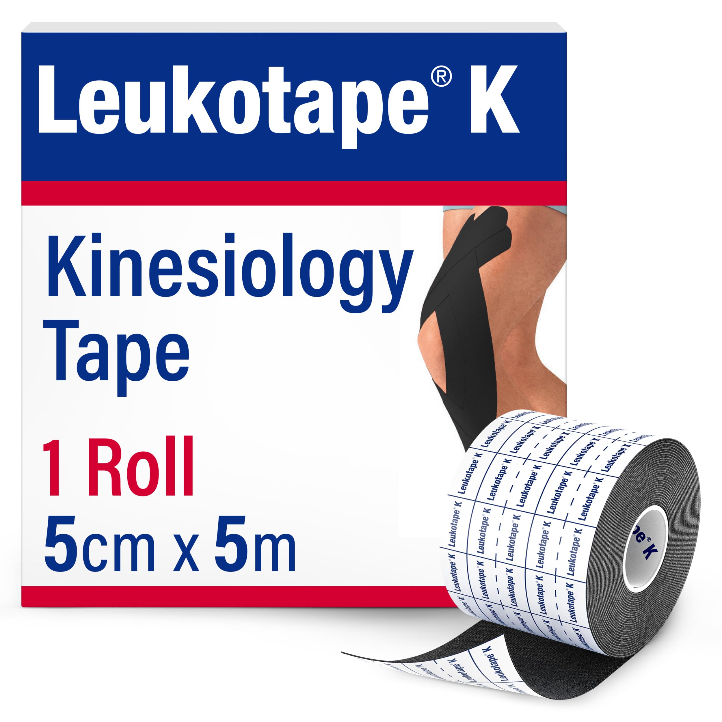 Leukotape K Kinesiology Tape for Muscle Support and Pain Relief - 5cm x 5m, Black, 1 Roll