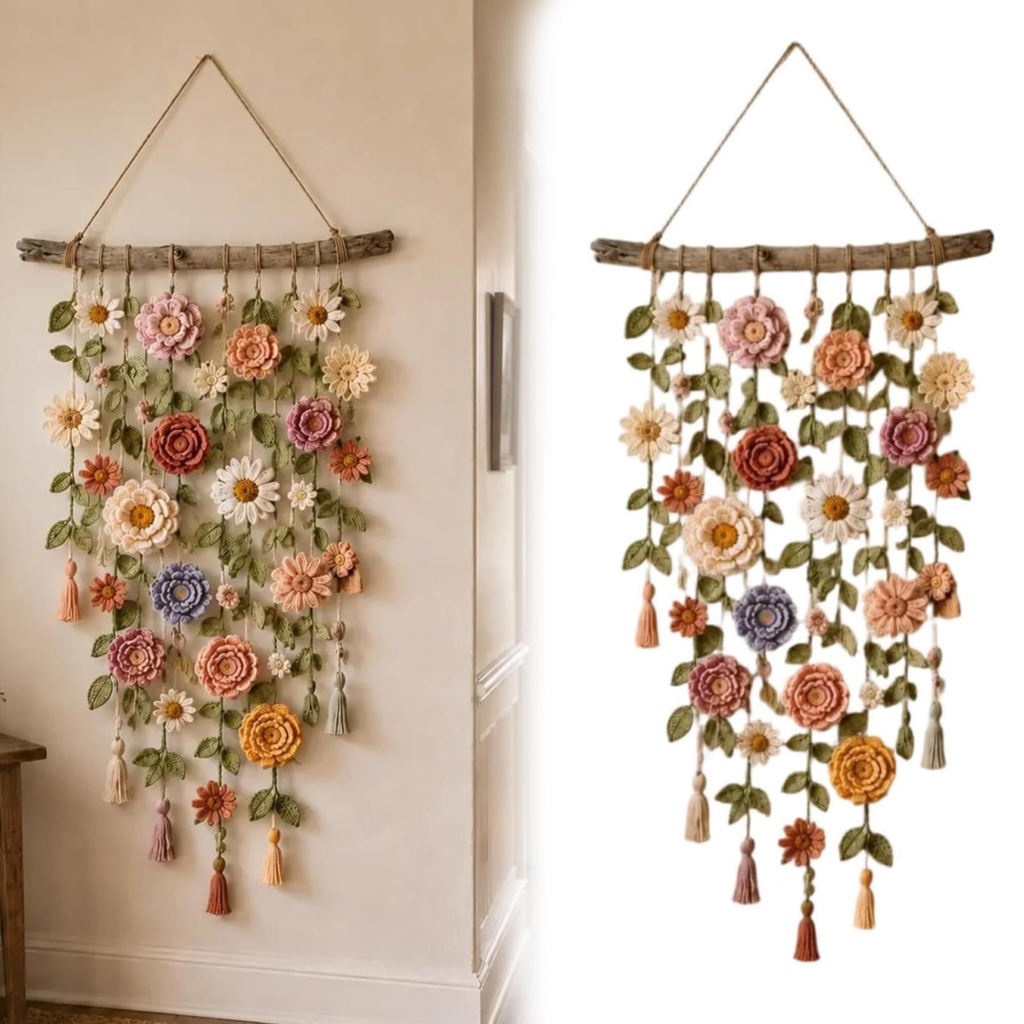 Boho Crochet Flower Wall Hanging Handmade Cotton Macrame Floral Decor