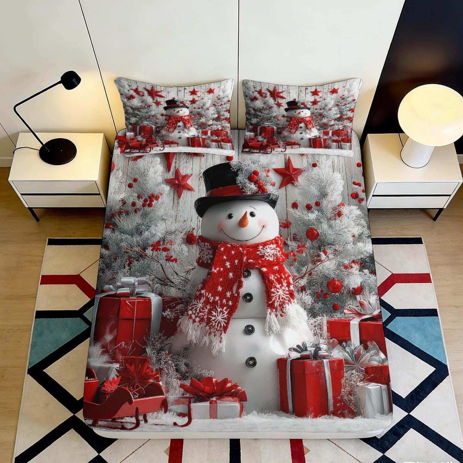 3D Printed Christmas Snowman Fitted Sheet Microfiber Deep Pocket Soft Wrapping Christmas Tree Mattress Fitted Cover Washable for Bedroom 180x200x25cm