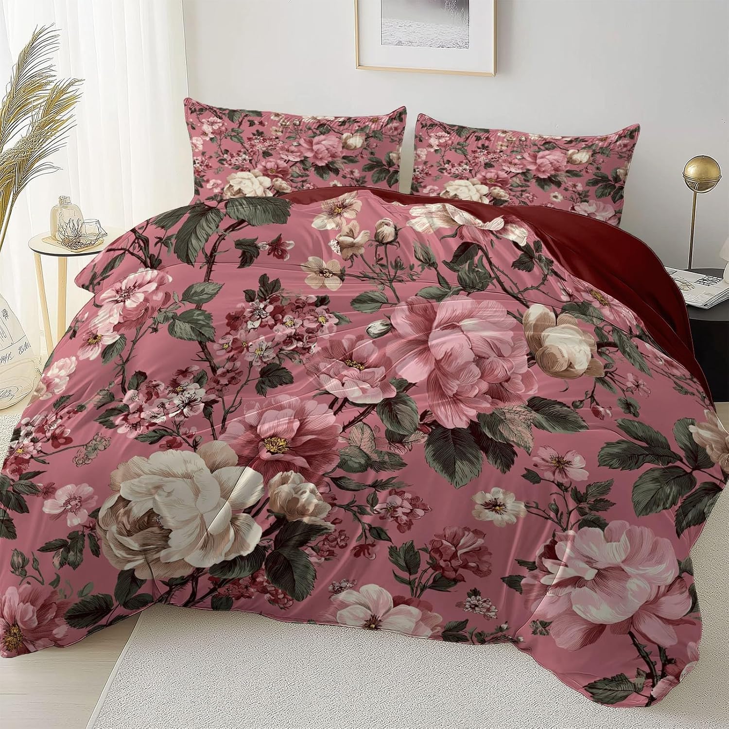 Double Bedding Duvet Cover Set- Dark Red Printed 3 Piece Decorative Bedclothes, Vintage Roses Flowers Soft Microfiber Down Comforter Quilt Covers Closure for Men and Women