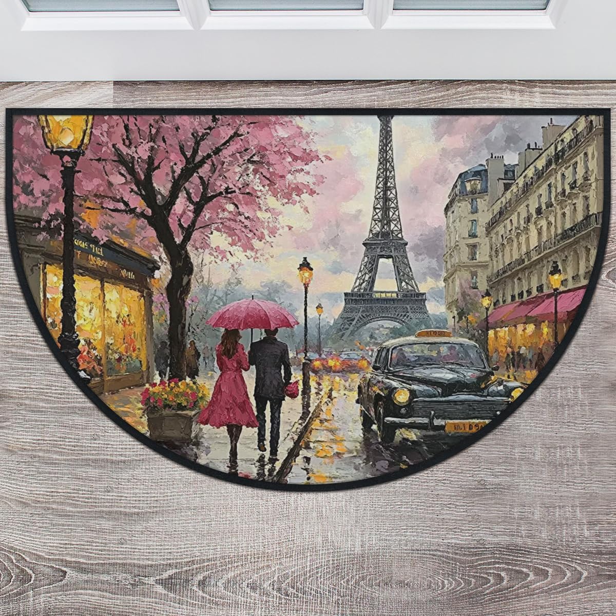 Half Circle Door Mat Outdoor Indoor Eiffel Theme Semi Circle Rug Non-Slip Rubber Back Doormat for Home Entrance Outside, 36x24 Inch