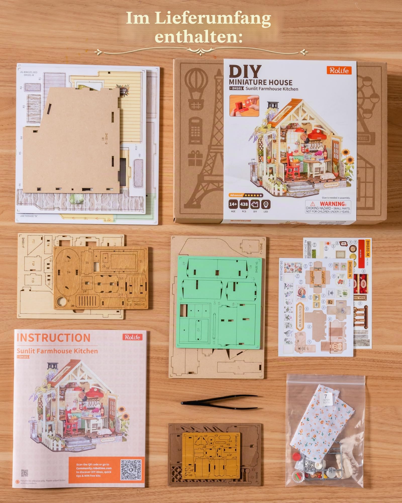 Rolife DIY Miniatur Haus Bausatz für Erwachsene, Sonnenlicht Bauernhaus Küche, Cottage Stil Holz Puppenhaus, Modellbausatz mit LED-Leuchten, Geburtstag Weihnachten Geschenk für Frauen
