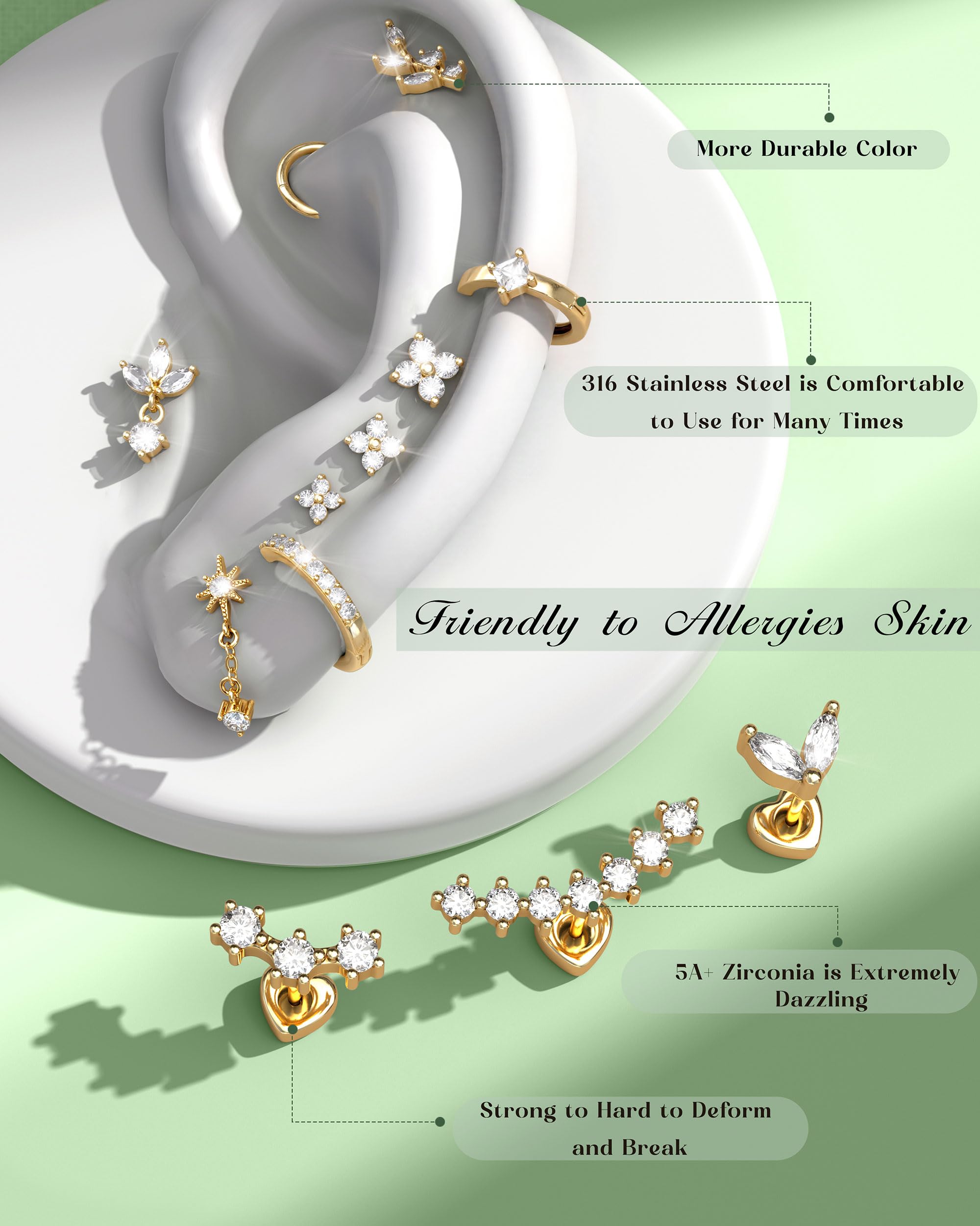 27 Pezzi Helix Piercing Gioielli Orecchini in Acciaio Chirurgico con Parte Posteriore Piatta per Donne Helix Orecchini a Cerchio Set Trago Orecchino Cartilagine Argento Oro Conchiglia Daith Rook Trago