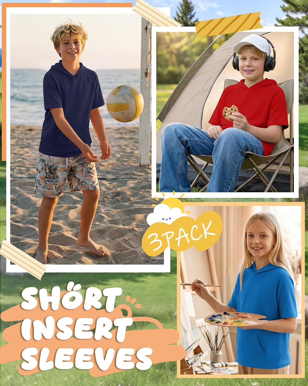 Xaatren 3 Pack Boys Short Sleeve Hoodie Kids Summer Hooded Pullover Shirts with Pocket Teen Athletic Hoodie Sweatshirt
