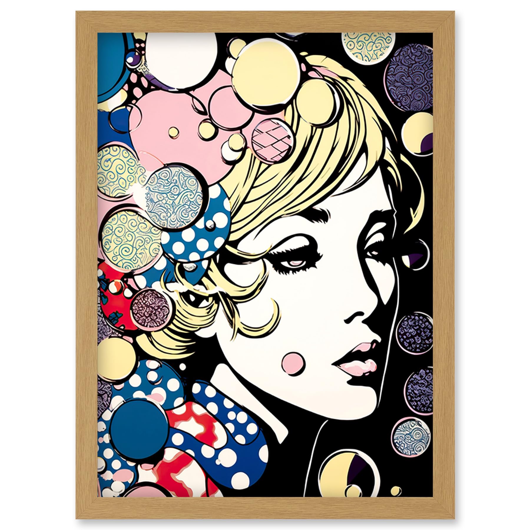 Artery8 Modern Woman Blonde Portrait Pop Art Bubbles Patterns Colourful Comic Book Halftone Artwork Framed Wall Art Print A4