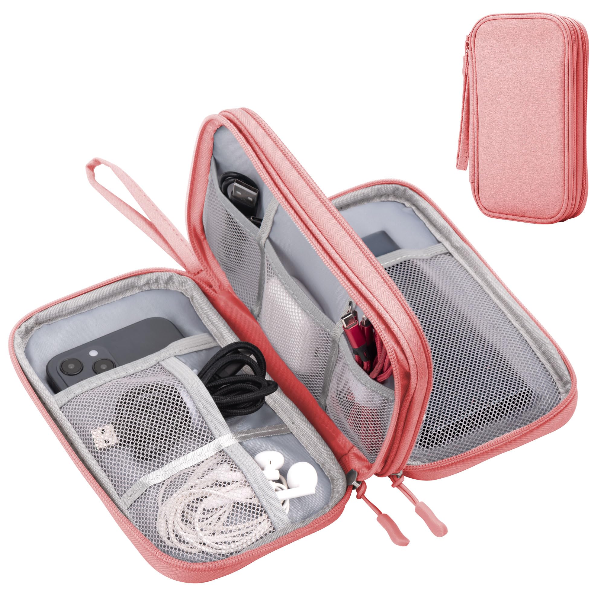 Arae Elektronik Zubehör Organizer, Kabeltasche Travel Essentials, Doppelschicht Reise Kabel Tasche, Electronic Accessories für Ladegerät, USB, SD Karten, Kopfhörer (Rosa, M)