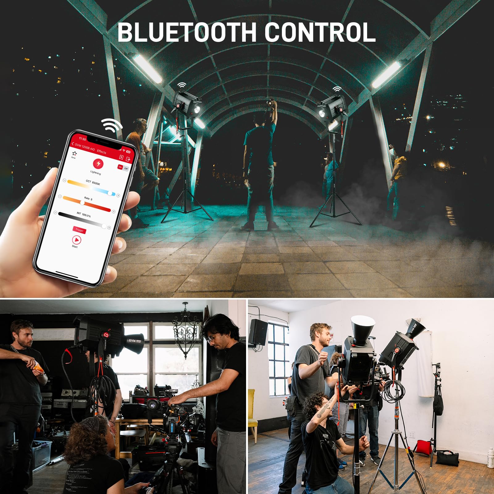 GVM - Luce video a LED da 1200 W, kit di illuminazione per film AIO 1200B, kit di illuminazione fotografica 42800lux/3 m con controllo DMX, illuminazione video in uscita continua per produzioni TV