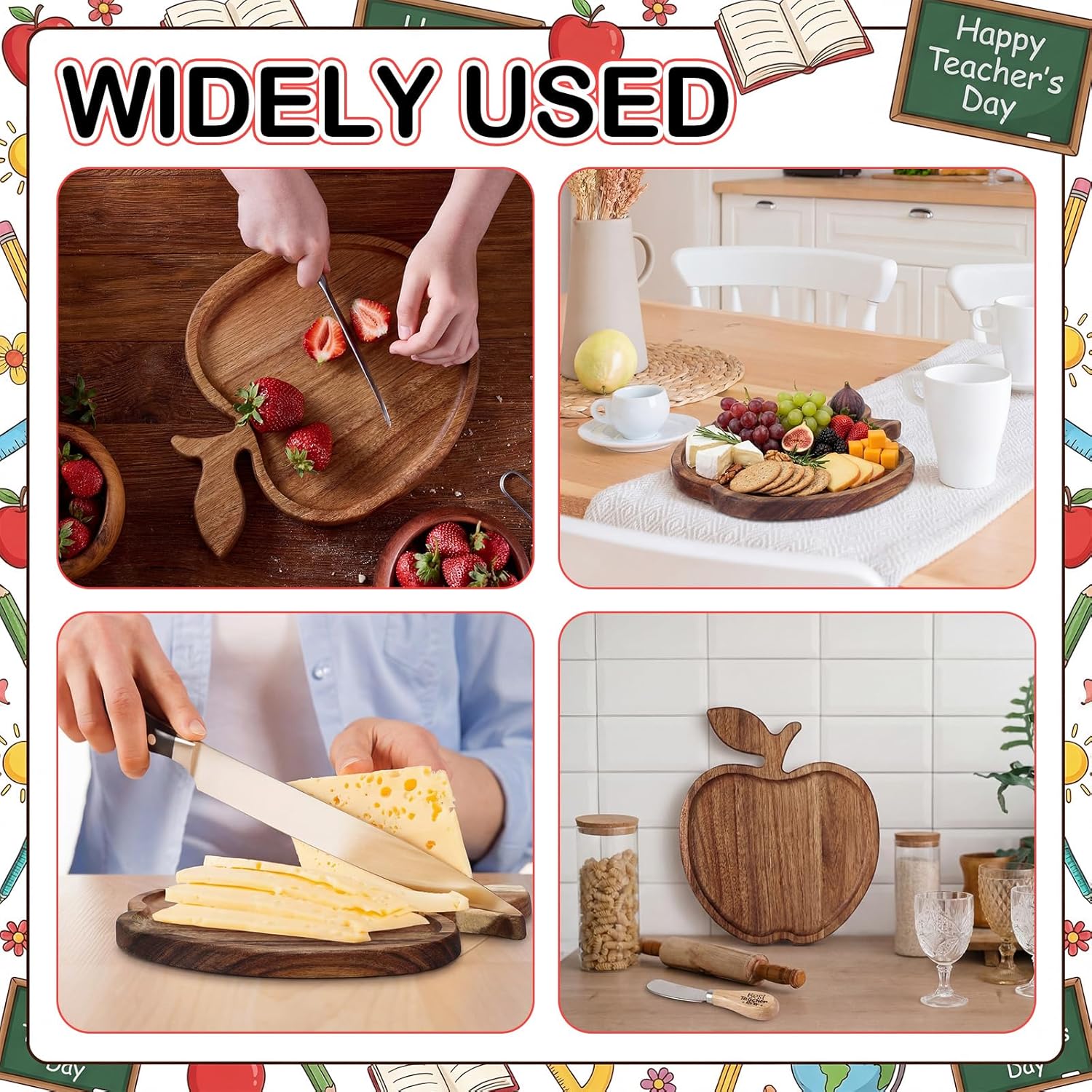 4 Set Teacher Appreciation Gifts Back to School Teacher Gifts Include Apple Wood Cutting Board Butter Knife Greeting Card Gift Bag, Thank You & End of Year Gift Prize for Women Men