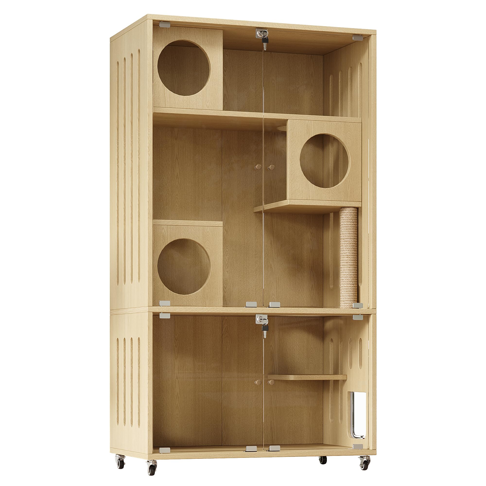 Jaula móvil para gatos, caseta para gatos interior, armario para mascotas, jaula de chinchilla, jaula para gatos, jaula para mascotas, con cierre de llave, puerta de entrada/salida, color madera
