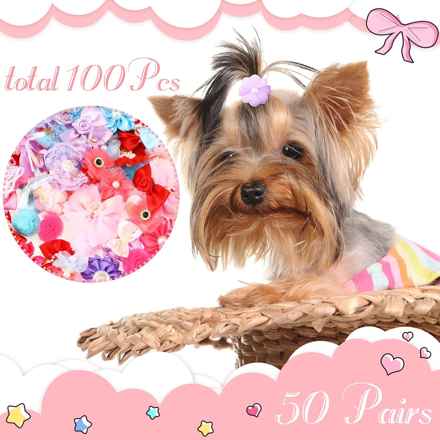 Jexine 100 Pcs/ 50 Pairs Dog Hair Bows with Rubber Bands Puppy Hair Bows Grooming Accessories Multicolor Small Pet Handmade Bowknot for Puppy Pet Girl Female Accessories