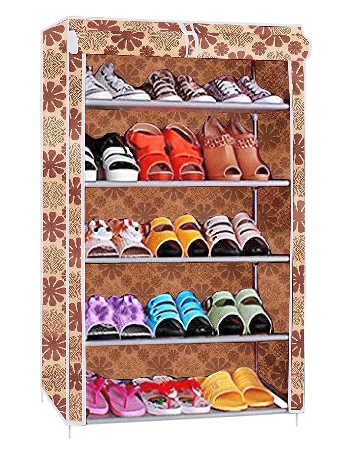 Asian Collapsible Foldable Wardrobe Armoire almari Closet Clothes Storage Rack 5 Shelves 5 Sides, Quick and Easy to Assemble (5 Shelf, Beige)-image-23