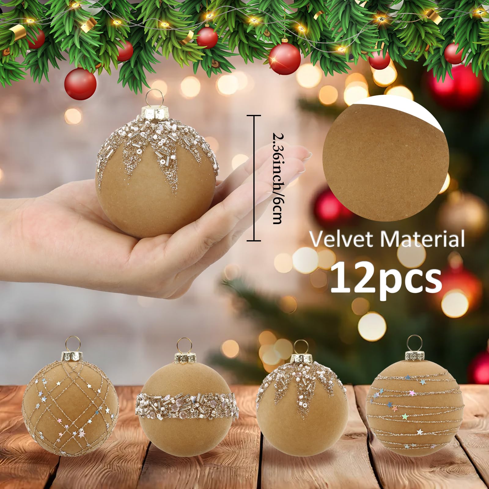 IPOPU 12 Stück 6 cm Samt-Glitzer-Weihnachtskugeln, Khaki, Weihnachtsbaumkugeln, Ornamente, Weihnachtskugel-Set für Urlaub, Hochzeit, Party, Tischdekoration (Khaki)