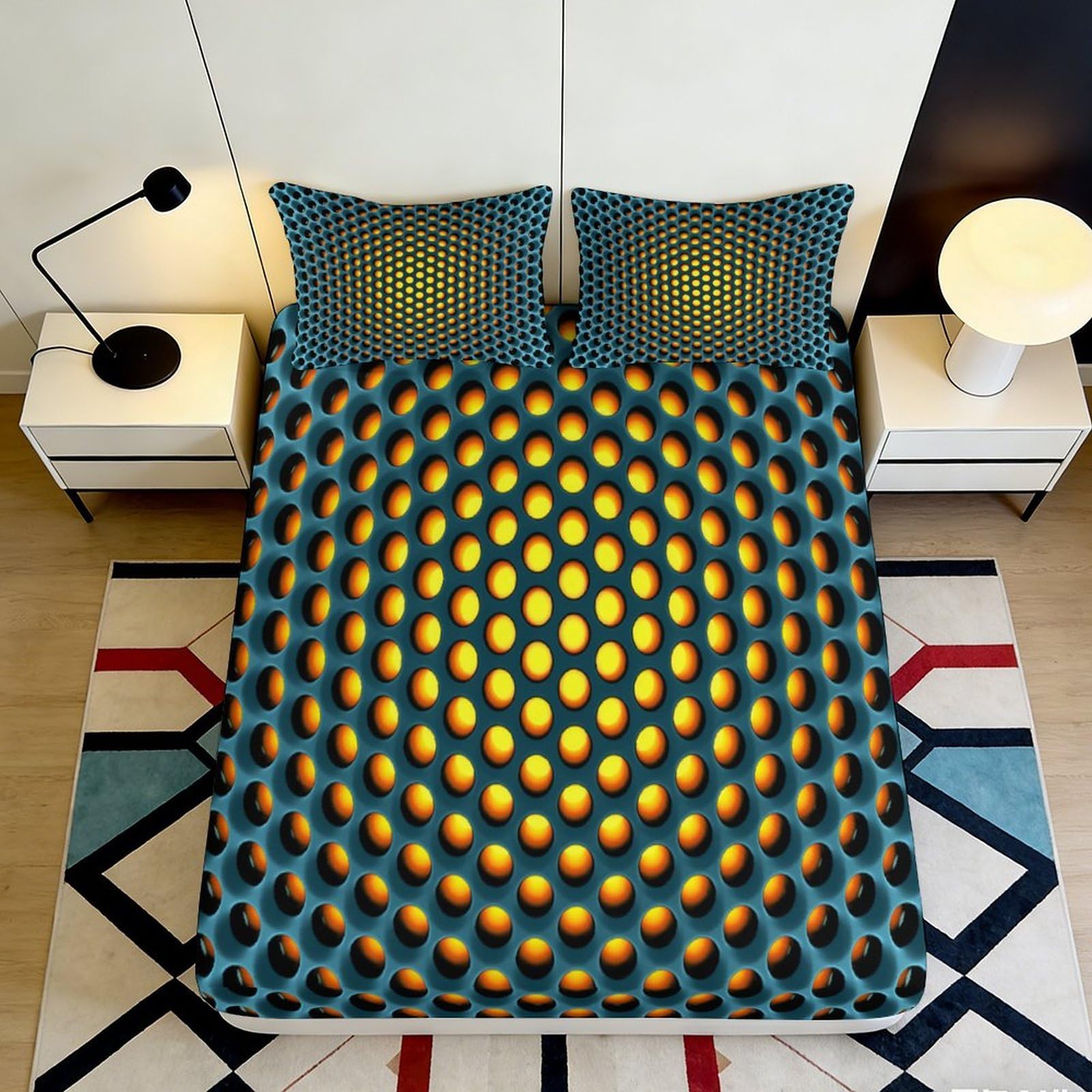 3D Printed Optical Illusion Fitted Sheet Microfiber Soft Geometric Honeycomb Mattress Cover Bedroom Decor 90x200x25cm