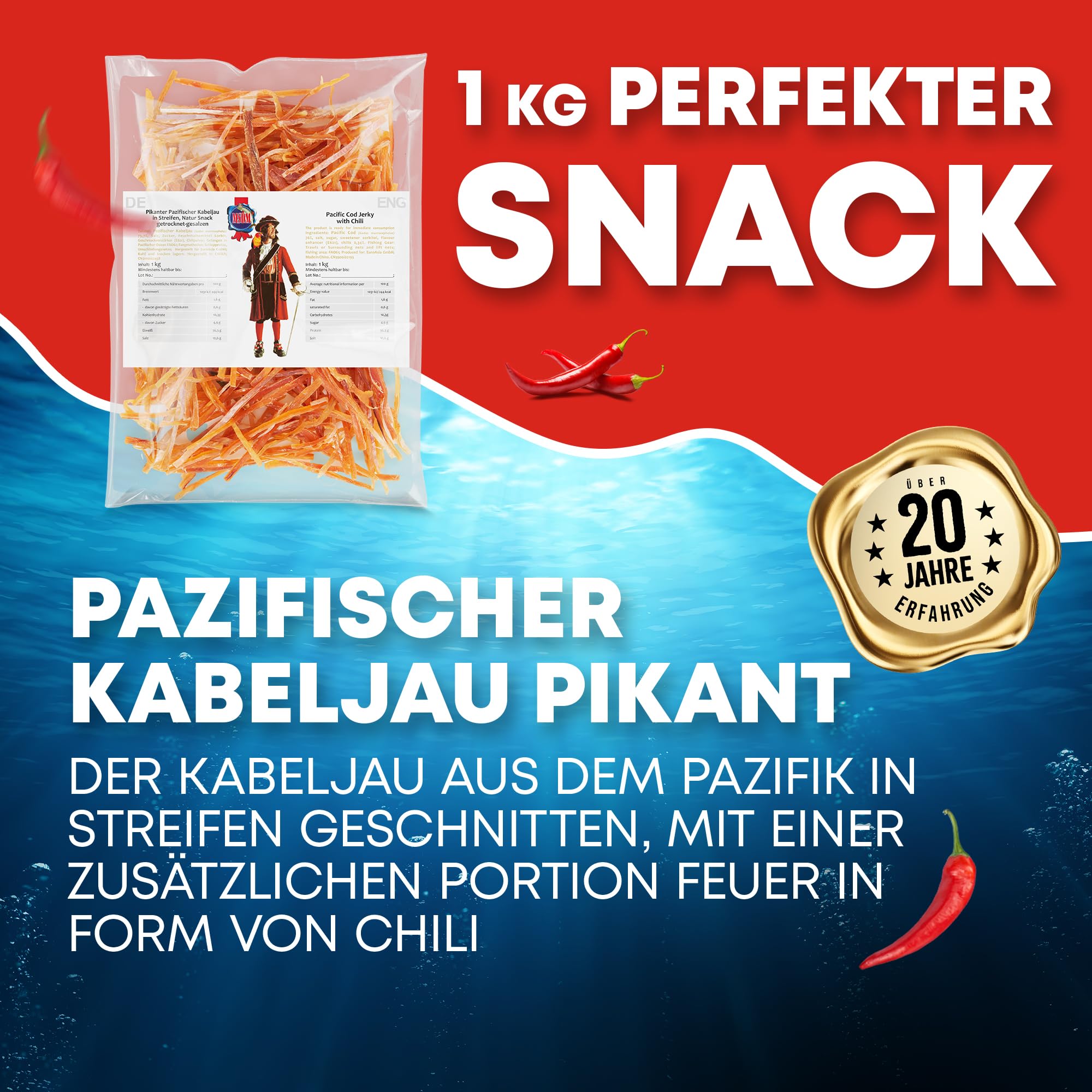 Pazifischer Kabeljau Pikant 1kg - Fisch Jerky I High Protein I Snacks I Trockenfisch Omega 3 I Beef Jerky , Trockenfleisch & Chips Alternative Keto