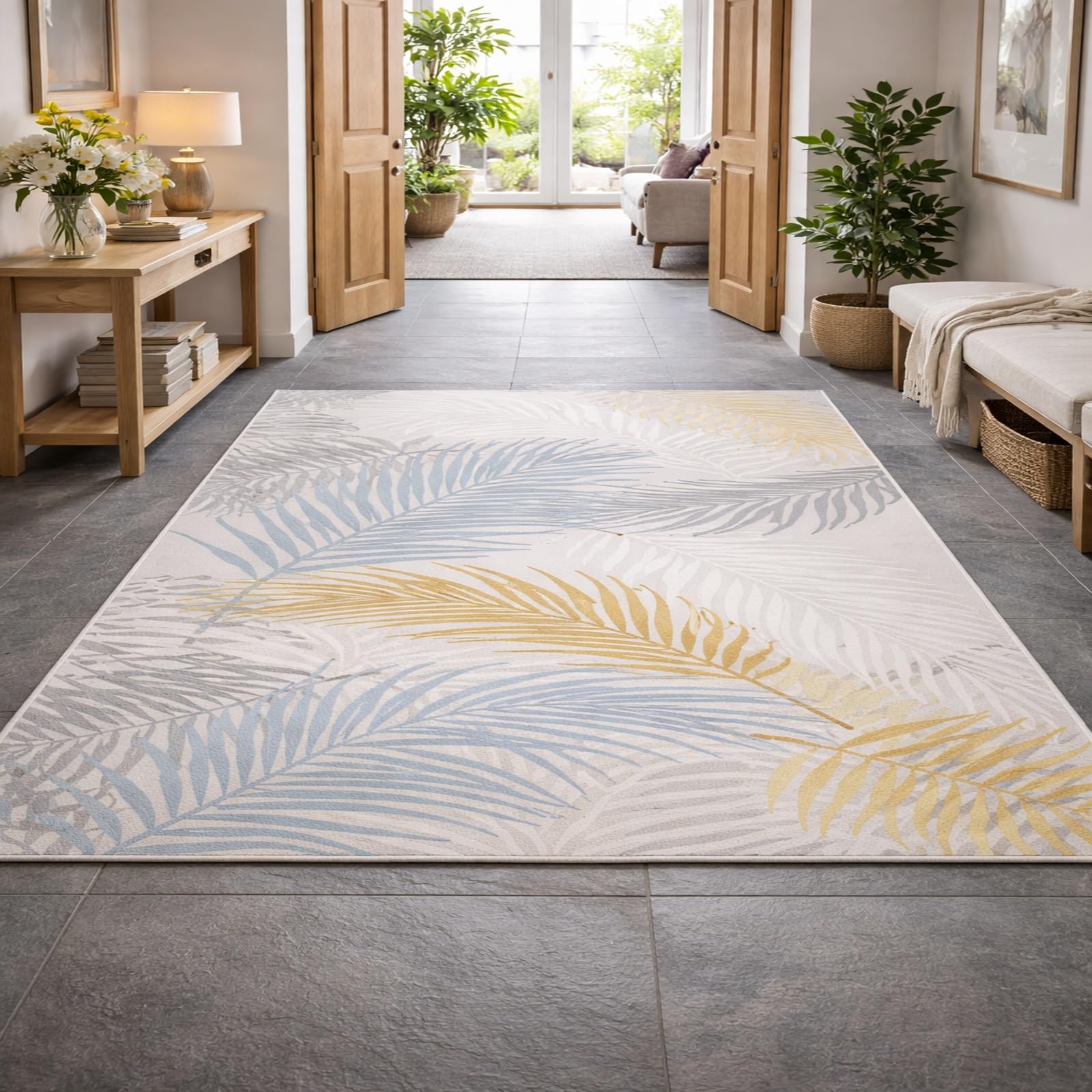 Tapis Salon Bleu Floral 170x240cm - Rururug Poils Ras Lavable