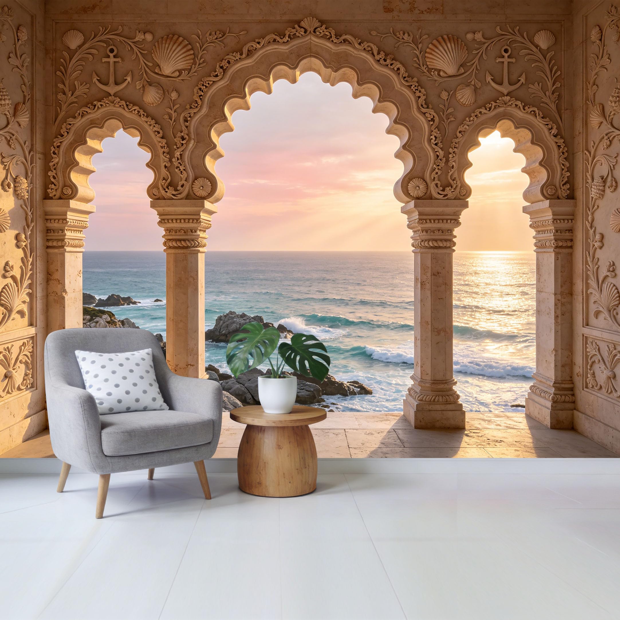 Removable Self Adhesive Fabric Mural， Mediterranean Coastal Stone Archway Custom Size Wall Covering， UV Protected Waterproof Washable Wall Decor for Living Room Bedroom Bathroom