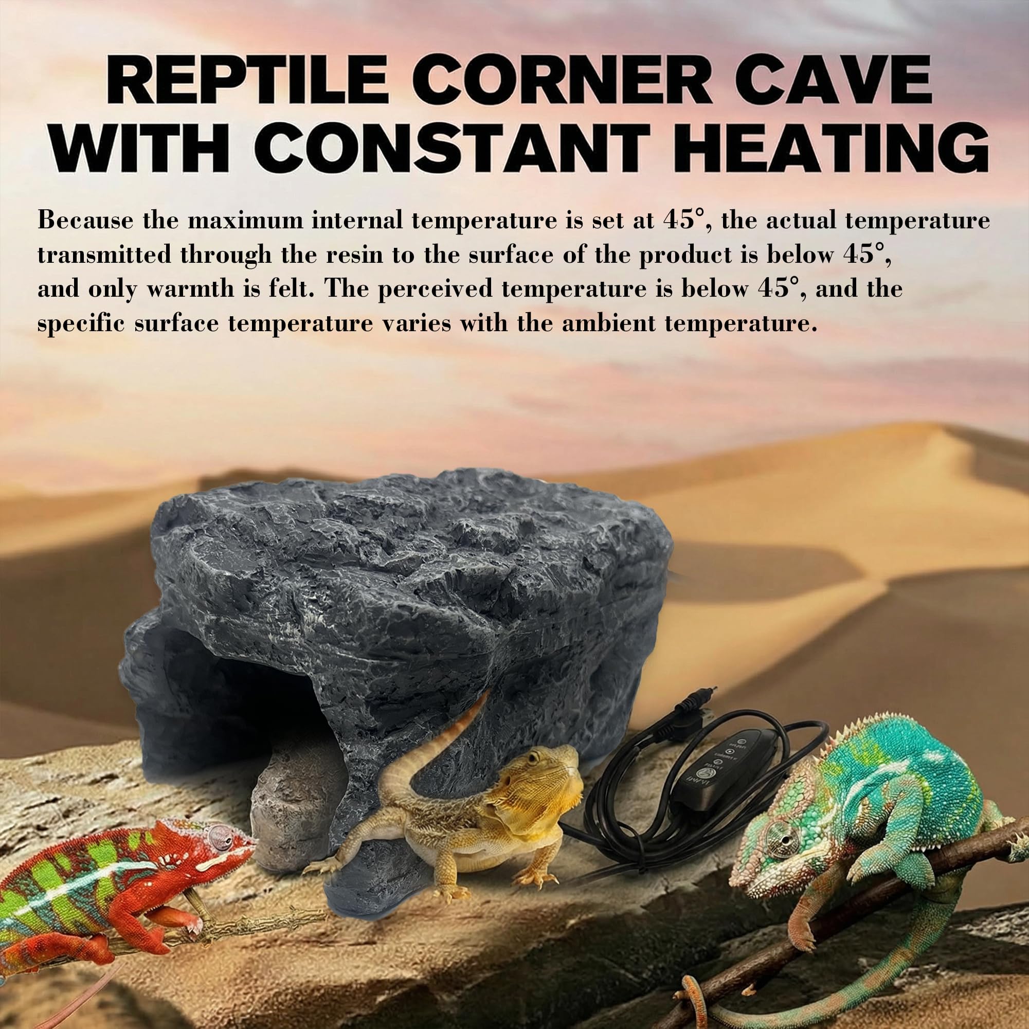 Cueva de reptiles con calefacción – Escondite de roca con temperatura ajustable, roca de calefacción con termostato para dragones barbudos, pitones de bola, gecos de leopardo y animales pequeños